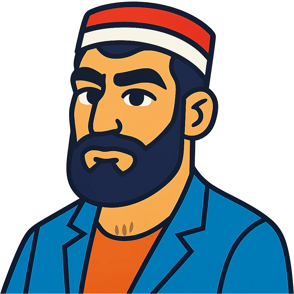 A Tajik man with masculine features, expressive eyes, thick eyebrows, dark hair, light-olive skin, and a larger, neatly kept beard emoji