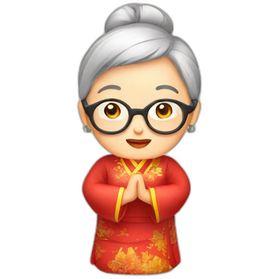 Chinese seniors lady wear Chinese traditional dress wear glasses show appreciation sign emoji