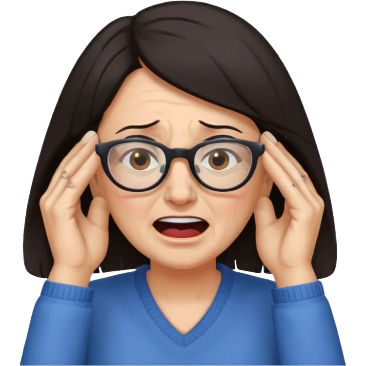 middle aged woman with dark hair and glasses covering her ears, wincing in pain because the sound is terribly loud and hurting her ears emoji