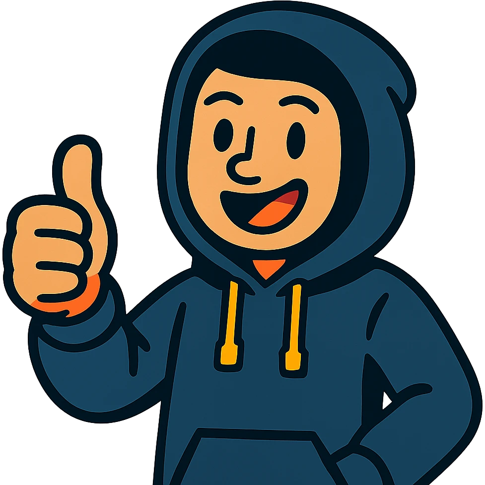 person in black hoodie giving a thumbs up, smiling, cartoon style, bright colors emoji
