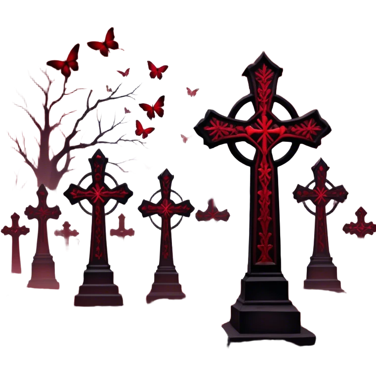 A hauntingly beautiful scene with Gothic crosses shrouded in deep red mist, as crimson butterflies flutter around them. The atmosphere is dark yet mesmerizing, with shades of red and black blending into an eerie glow.
 emoji