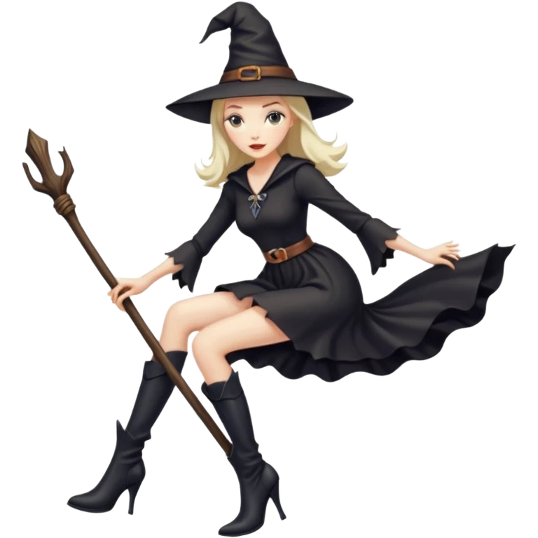 Tall thin witch on a broomstick wearing very high heeled boots emoji