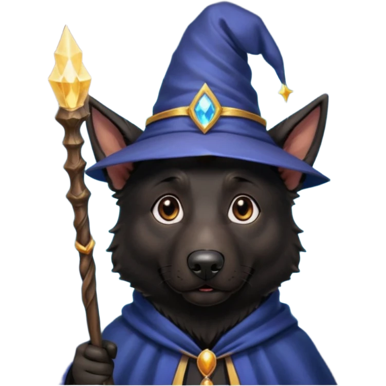 all black german shepherd face wearing a wizard hat and staff and magic emmiting from him emoji