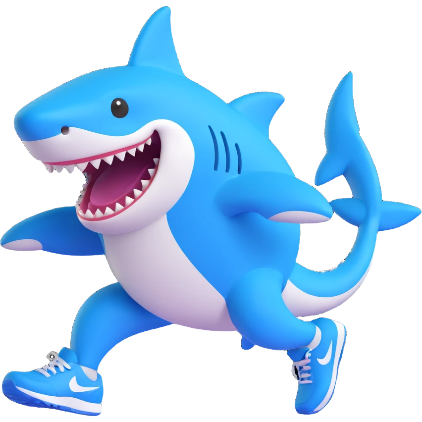 a cute shark in blue running shoes, smiling emoji
