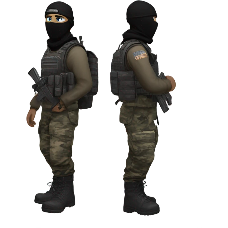 White male, call of duty black mask, camo tactical gear, combat boots, black beanie, blue eyes emoji
