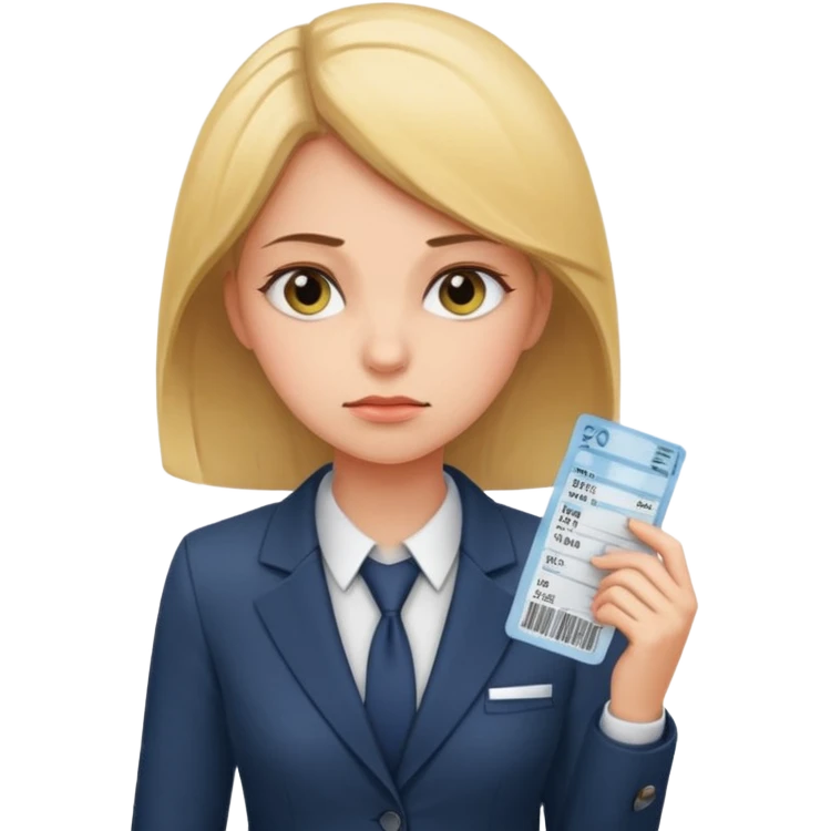 Девушка в офисном костюме, грустная, с билетами на самолет в руках  emoji