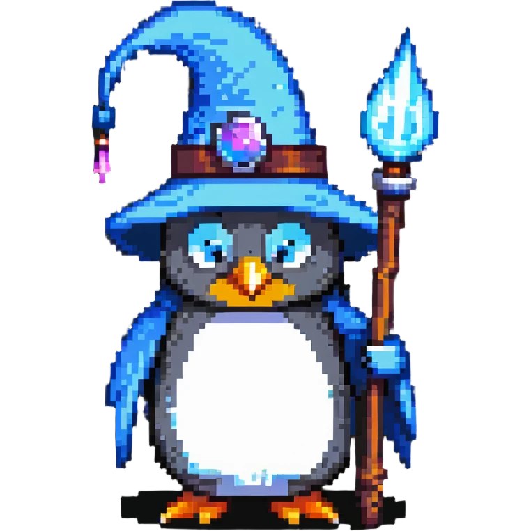 penguin wizard with a pointy hat and magic staff emoji