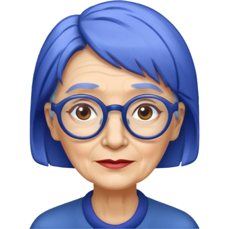 old lady with cobalt hair, wearing glasses, long face emoji