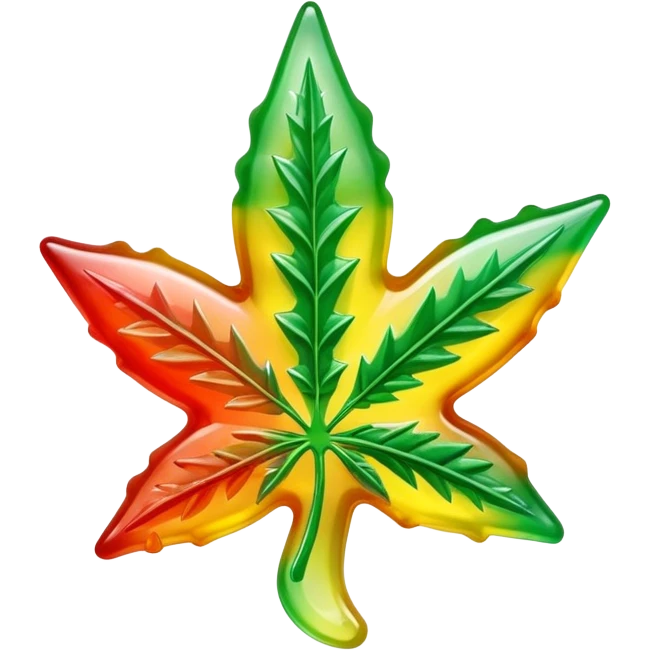 marijuana leaf-shaped gusher gummy bright colors bite mark with liquid oozing out emoji