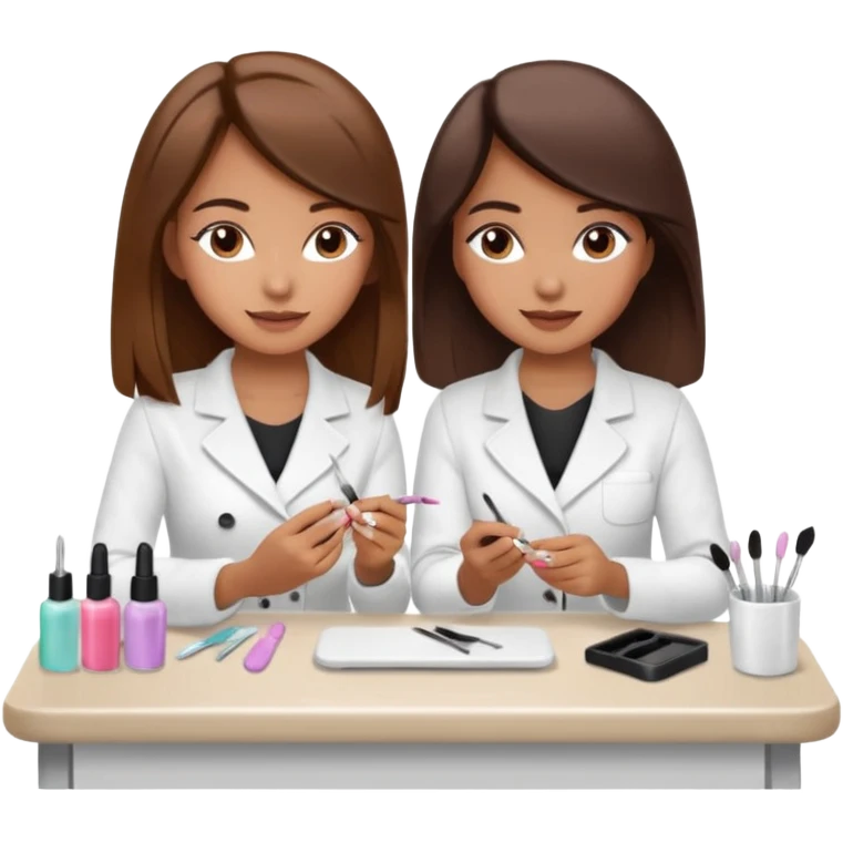 A realistic illustration of a girl with medium-length thick brown hair sitting at a manicure table. Another girl is carefully doing her nails, using professional manicure tools. Soft natural lighting, clean salon environment, detailed hands and nail work, warm and pleasant atmosphere. emoji