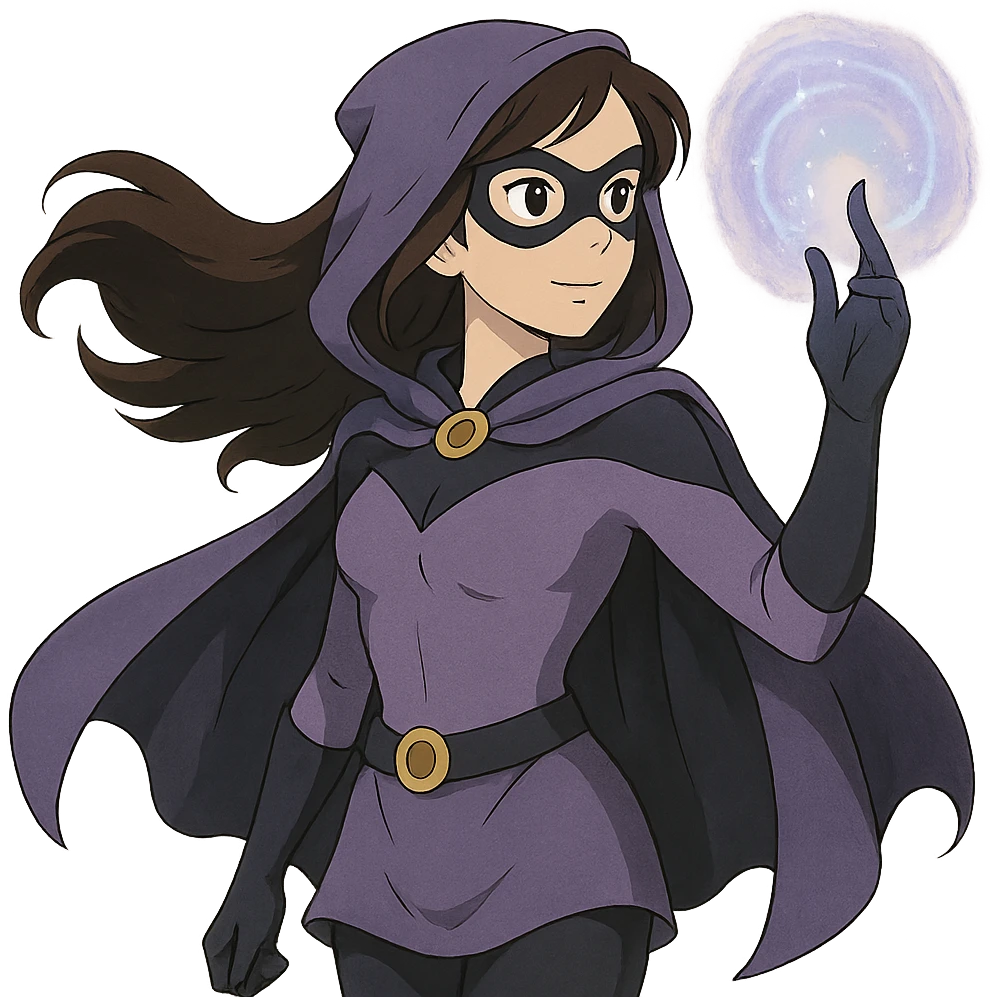 ghibli style superhero woman with soft purple and black costume, magical aura around her hand emoji