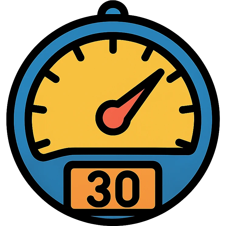 modern speedometer icon showing 30 MPH, clear dial, bold needle pointing at 30, visually readable, suitable for icon use, no text except the number 30 emoji