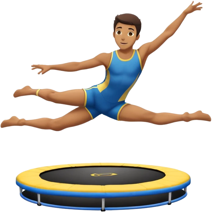 An athletic person soaring high above a trampoline, executing an acrobatic flip with perfect form. The scene captures motion and energy, with a dynamic pose, stretched limbs, and a focused expression. The background suggests a professional trampoline arena with safety padding. emoji