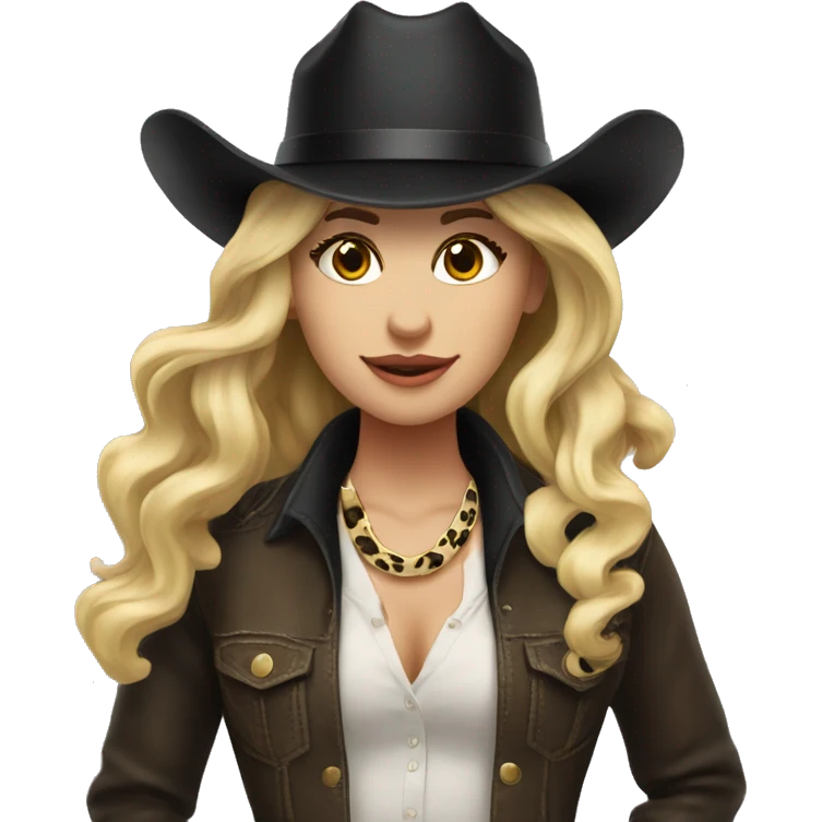 Cowgirl in leopard boots with black hat and blonde long hair emoji