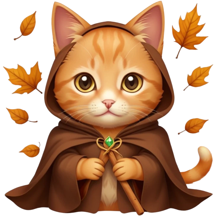 A russet-colored kitten with a cloak, piercing golden eyes, holding a cinnamon stick, surrounded by falling leaves and mystery vibes. emoji