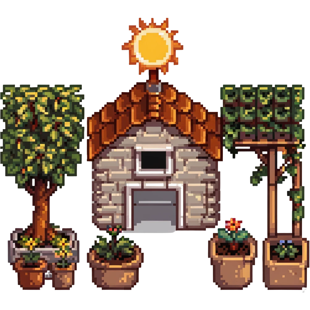 dream life as a pixel art scene with a small home, garden, and sun emoji