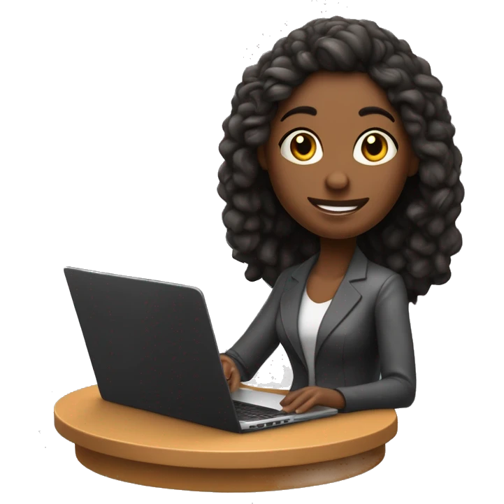 crie uma imagem de uma mulher de cabelos pretos médio,pele morena, em uma mesa com notebook,em formato 3D, que esteja com dúvidas de como iniciar no ramo de social media, emoji