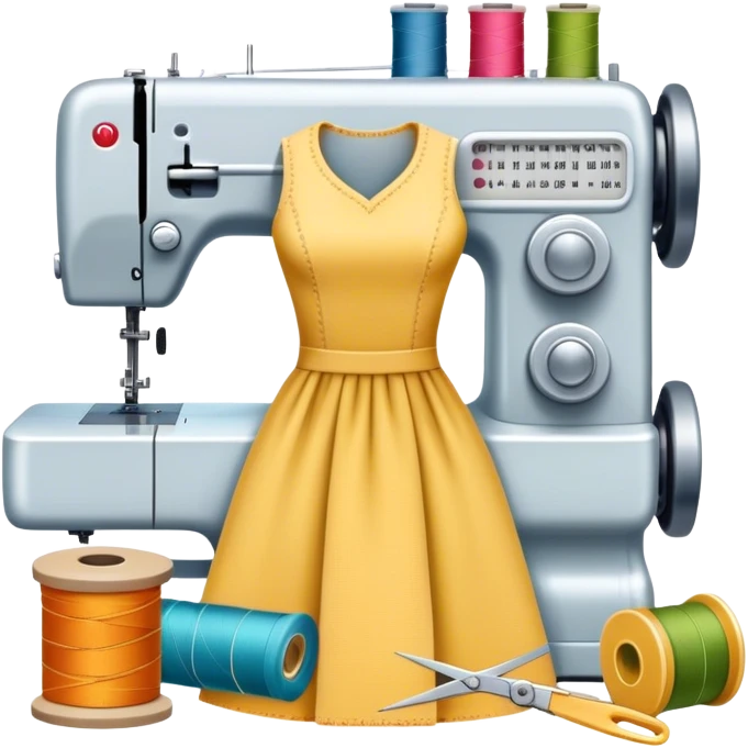 Sewing icon, measuring tape, pins, scissors, and a dress in progress, sewing machine with thread, visible needle, spools of thread, fabric pieces cut according to patterns, minimalistic style, clean lines, transparent background. emoji