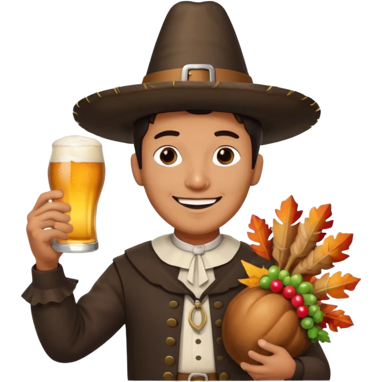 Mexican man dressesd as a Thanksgiving Pilgrim  holding a Turkey drumstick and a Corona beer emoji