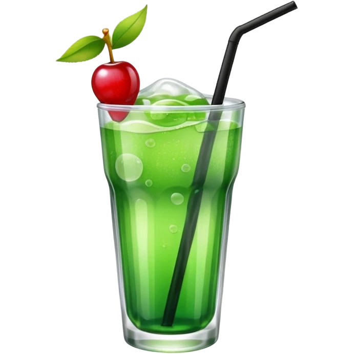 Create an emoji with a clear rounded glass, bright transparent green soda with fine bubbles, a smooth vanilla scoop, a glossy red cherry, and a black straw, using vibrant colors, soft shading, and clear glass highlights.
 emoji