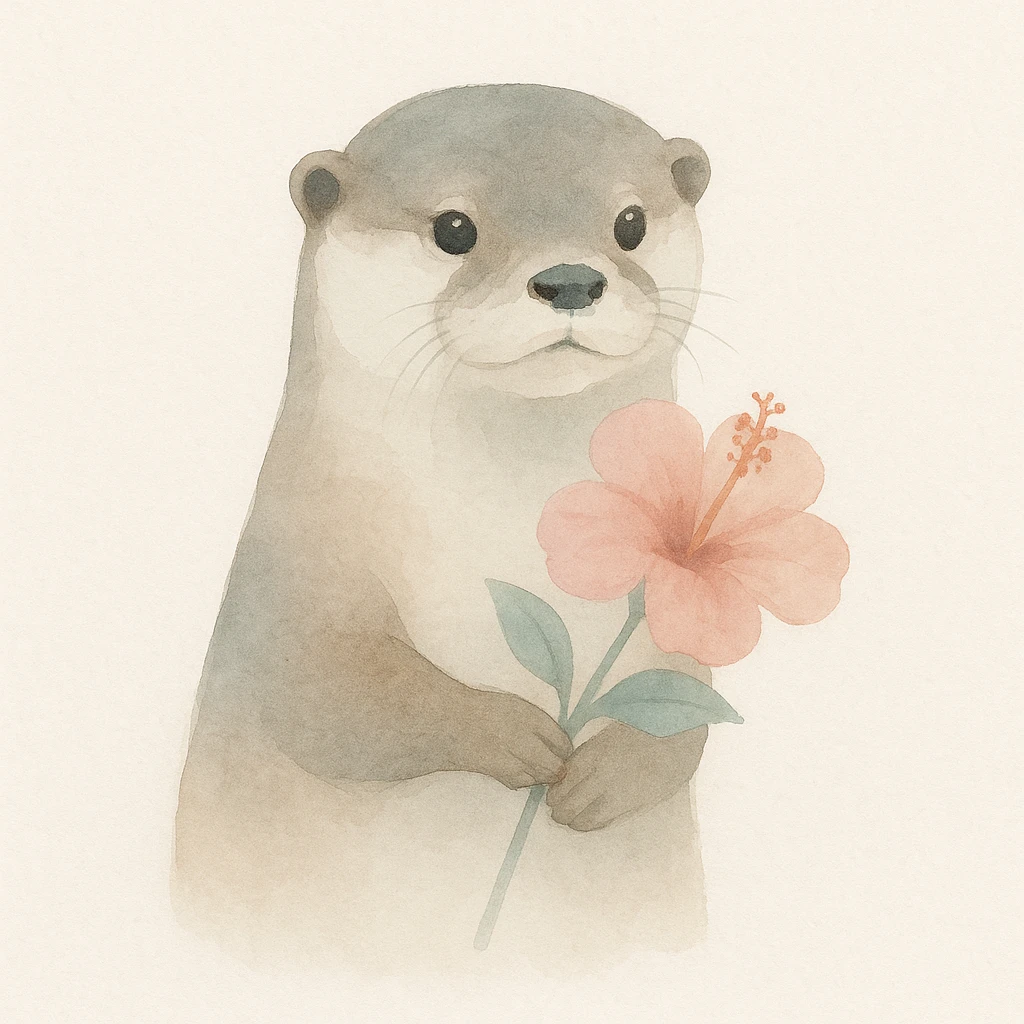 a realistic otter with a pink hibiscus, watercolor art style emoji