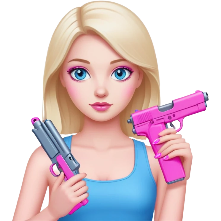 White Girl hand pink nails holding pink gun with blue eyes emoji