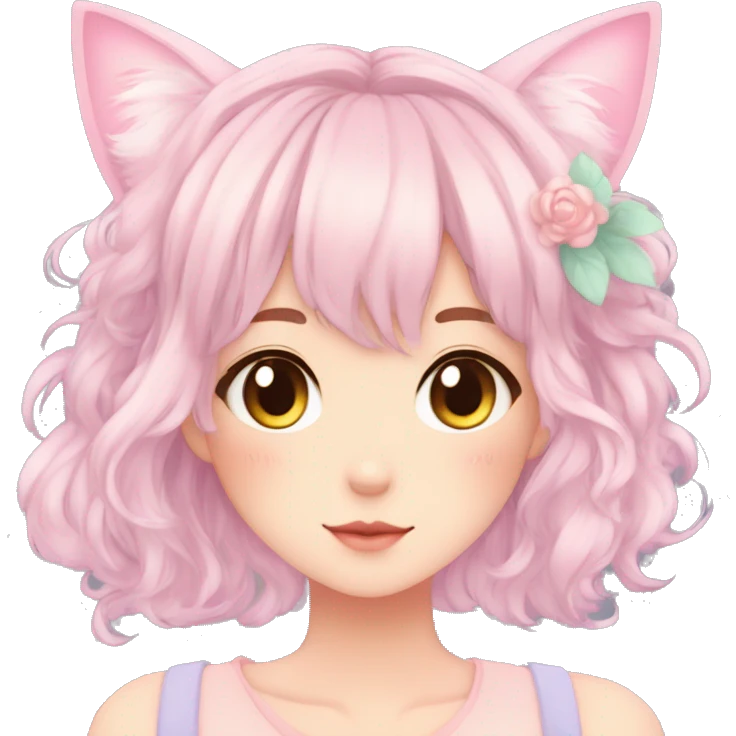 Gorgeous pastel anime girl with blushing face and hair garnitures and pretty hair and cat ears aesthetic trending style emoji