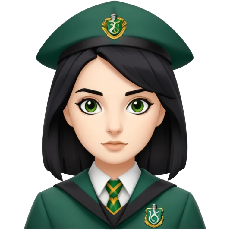 genevieve gaunt is Pansy Parkinson in harry potter, wear hogwarts slytherin uniform, black hair, not wearing hat emoji