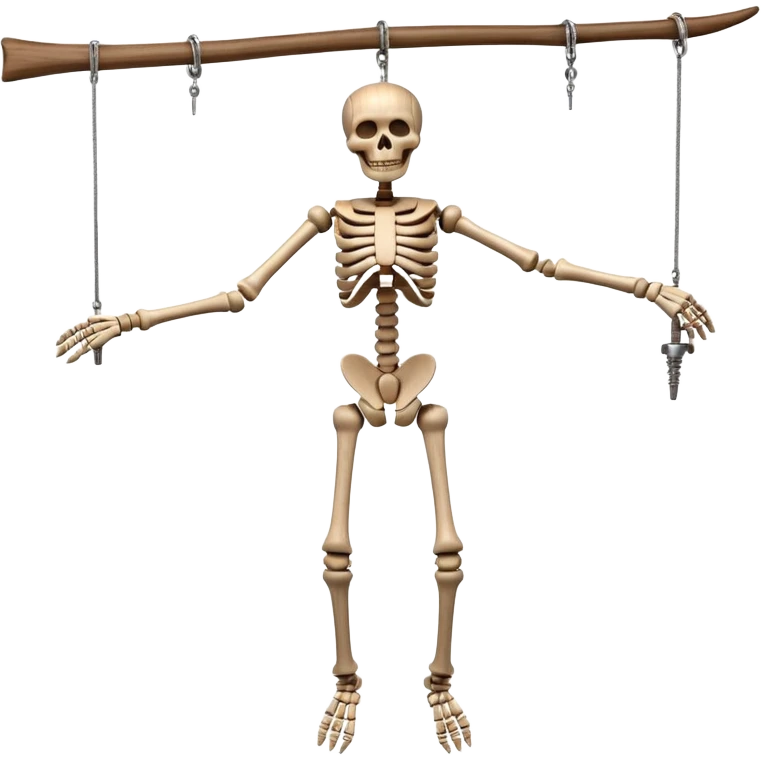3D render of Skeleton Marionette as a wooden marionette puppet, Wooden bones, hanging loose, silver metal screw joints at elbows and knees, polished brown wood texture, rigid toy pose, Apple emoji style, isolated on white background --v 6.0. emoji