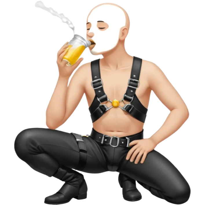 submissive bald man on his knees in a black leather harness standing man in leather, pouring piss down his throat emoji