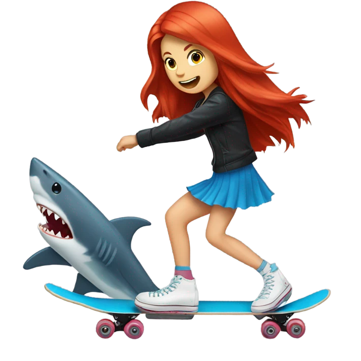 red hair girl blonde girl brunette girl riding a skating shark emoji