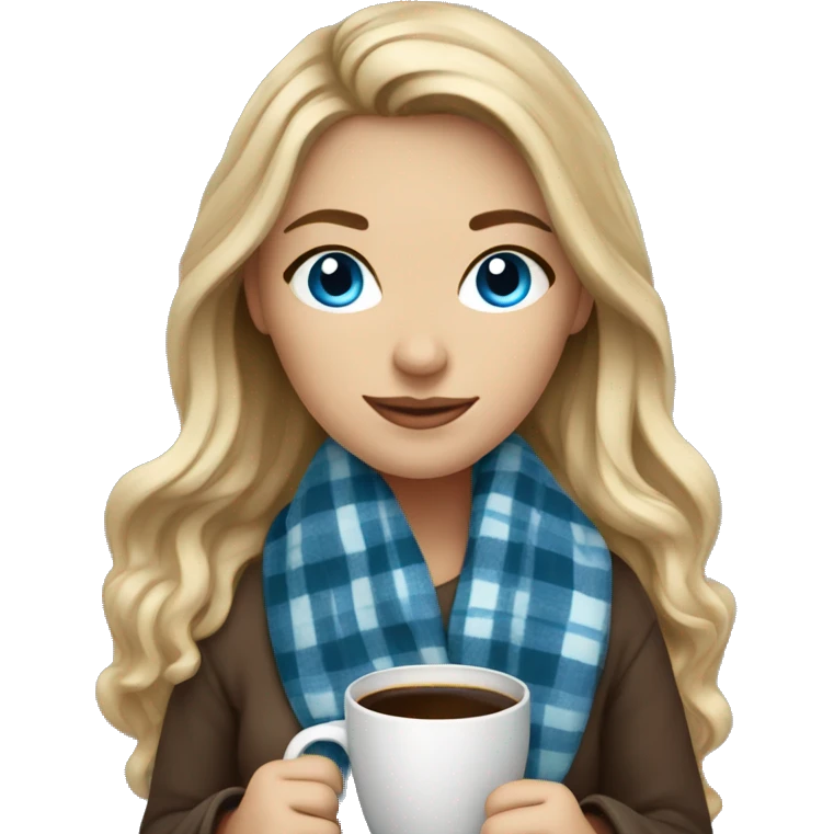 Dark blonde hair woman with blue eyes cozy plaid blanket with coffee emoji