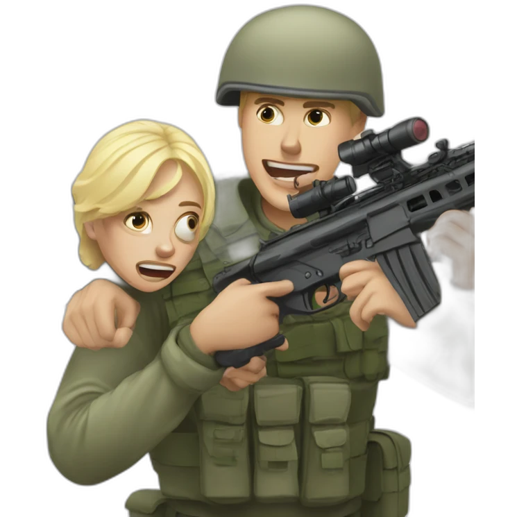 a Russian blond guy soldier is attacked by a drone emoji