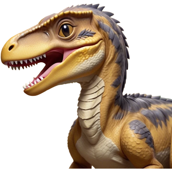 Cinematic Cute Yawning jurassic park Velociraptor Portrait Emoji, Head tilted slightly with a dramatic, wide-open yawn, showcasing a lean, powerful body with a relaxed snout and sleepy, half-closed eyes that hint at both ferocity and fatigue, Simplified yet irresistibly cute features, highly detailed, glowing with a soft, cozy prehistoric glow, high shine, relaxed yet expressive, stylized with a hint of whimsical ancient ease, soft glowing outline, capturing the essence of a drowsy yet endearing jurassic park Velociraptor that appears ready to stretch and yawn its way out of the screen! emoji