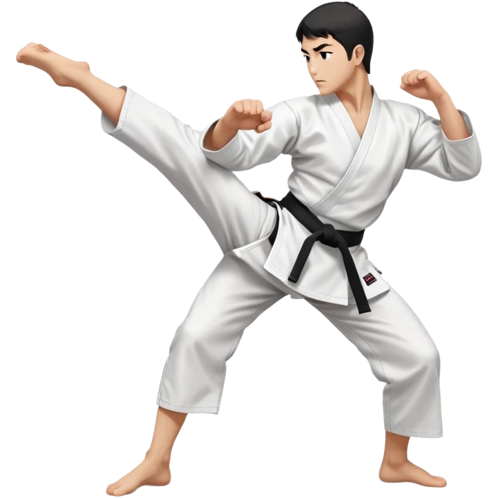 A disciplined karateka in white gi and black belt, performing a mid-side kick pose, calm facial expression with focused eyes, minimal but powerful, traditional Japanese dojo feel emoji