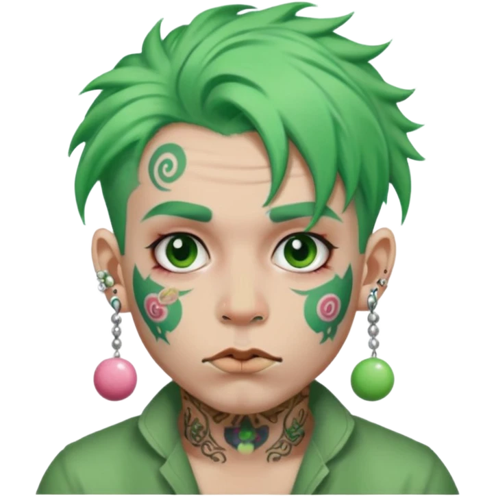 very colorful puffy green haired man made out of candy  and excessive face tattoos and excessive piercing just face  emoji