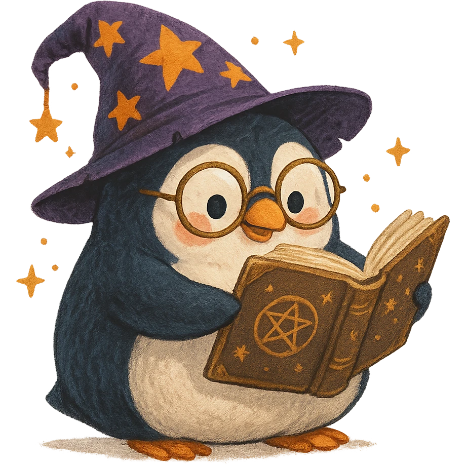 chubby penguin wizard with glasses, reading a spellbook, whimsical and playful style emoji