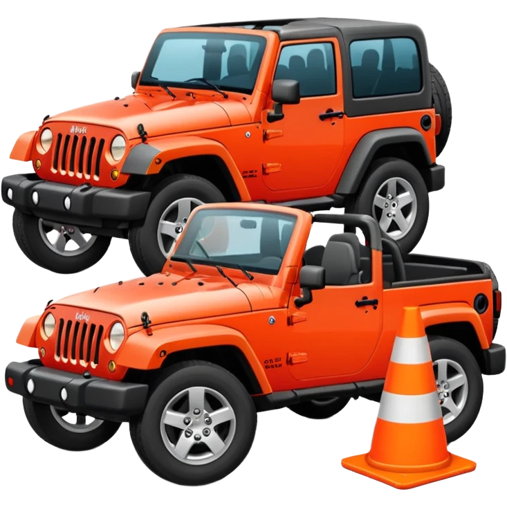 red Jeep Wrangler with an all-white traffic cone flattened under the tire, no stripes or markings, emoji style emoji