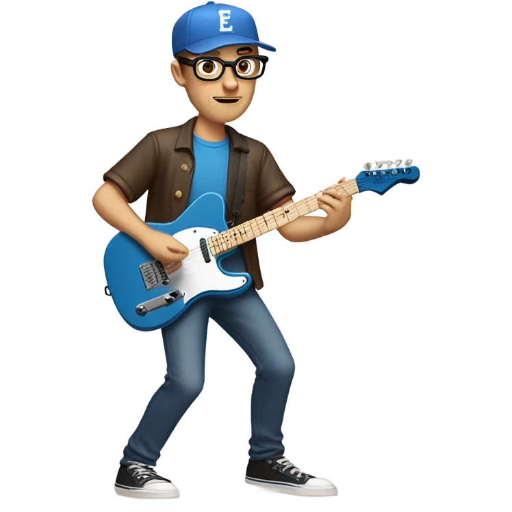 A nerdy white guy with glasses with short brown hair wearing a baseball cap playing a blue classic telescaster emoji