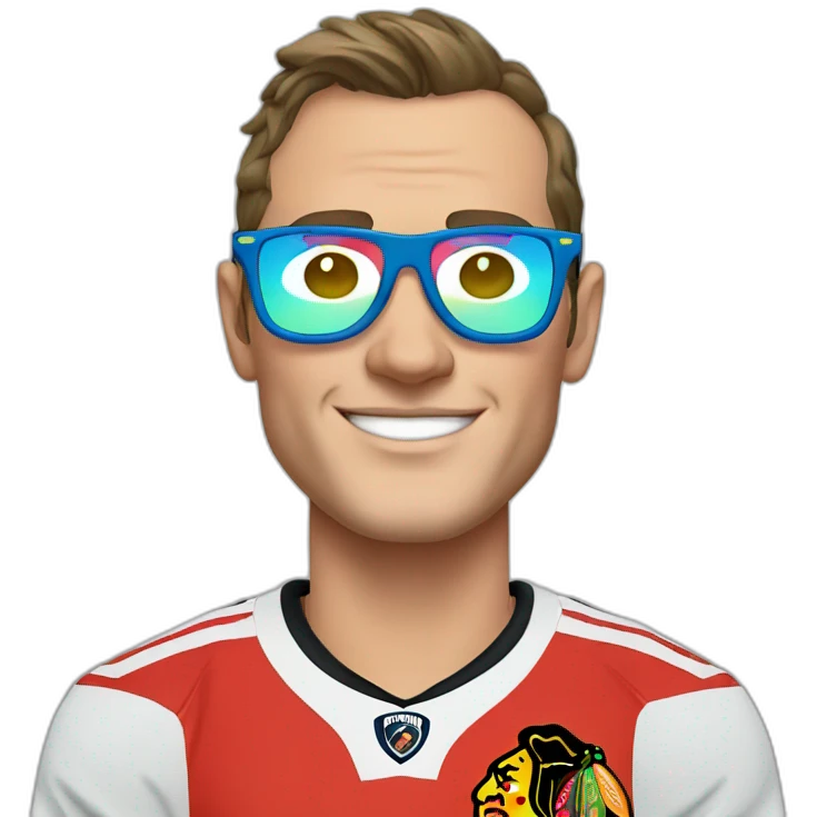 Jonathan Toews wearing glasses and rainbow clothes emoji