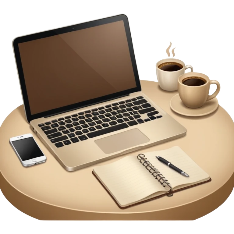 Laptop on the beige table, coffee and notebook emoji