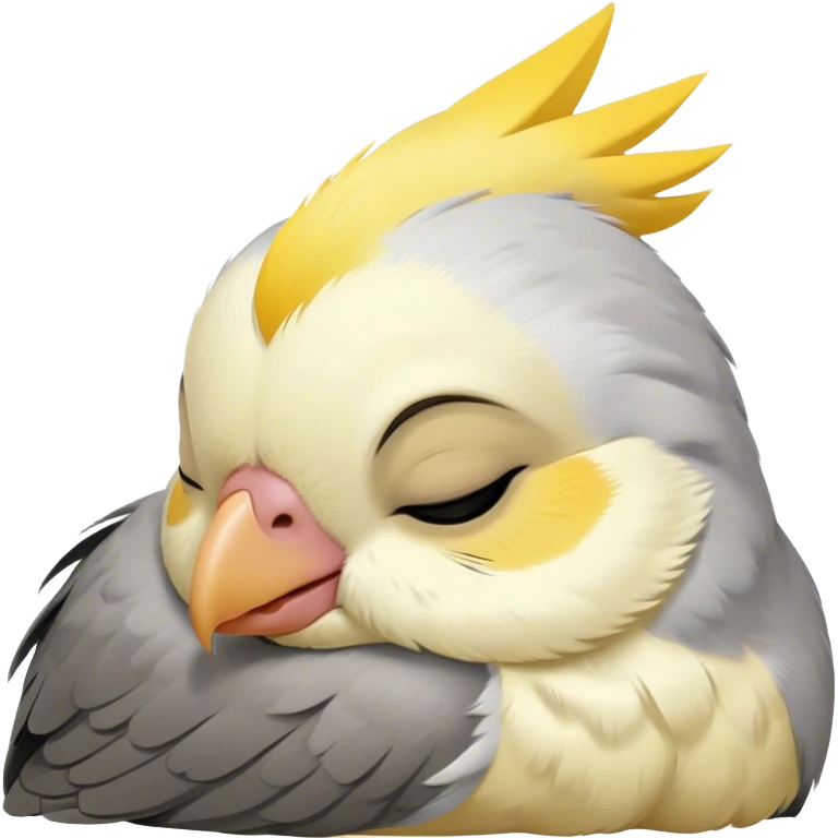 Meme-Worthy Cute Sleeping Cockatiel Portrait Emoji, Head resting peacefully with a contented smile, showcasing a delicate, slender build and a luxuriously soft grey fur with gentle yellow accents, eyes shut in a serene nap, Simplified yet hilariously adorable features, highly detailed, glowing with a soft, drowsy light, high shine, relaxed and utterly lovable, stylized with an air of playful laziness, bright and heartwarming, soft glowing outline, capturing the essence of a comically sleepy cockatiel, so meme-worthy it feels like it could instantly become the next viral sensation of adorable slumber! emoji