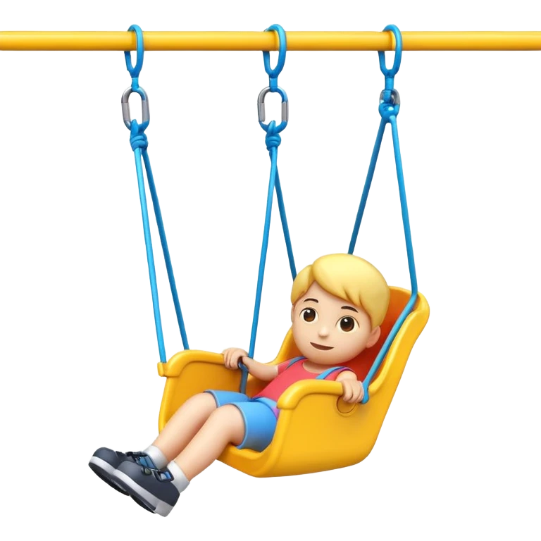 iOS-style 3D emoji: a colorful plastic child swing with a safety bar in front, hanging from two ropes, glossy surface and soft shadows emoji