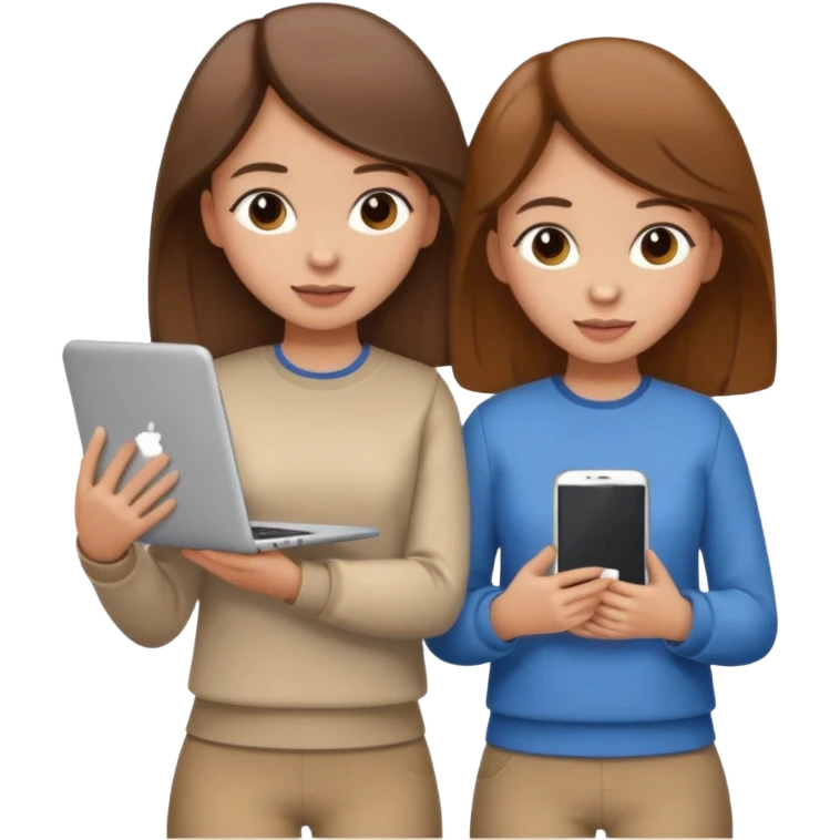 two brown haired girls, looking professional maybe leaned on each others back and looking forward and using phones, with longer hair and with some cute clothes without ties, one girl can hold lap top another one can hold the phone emoji