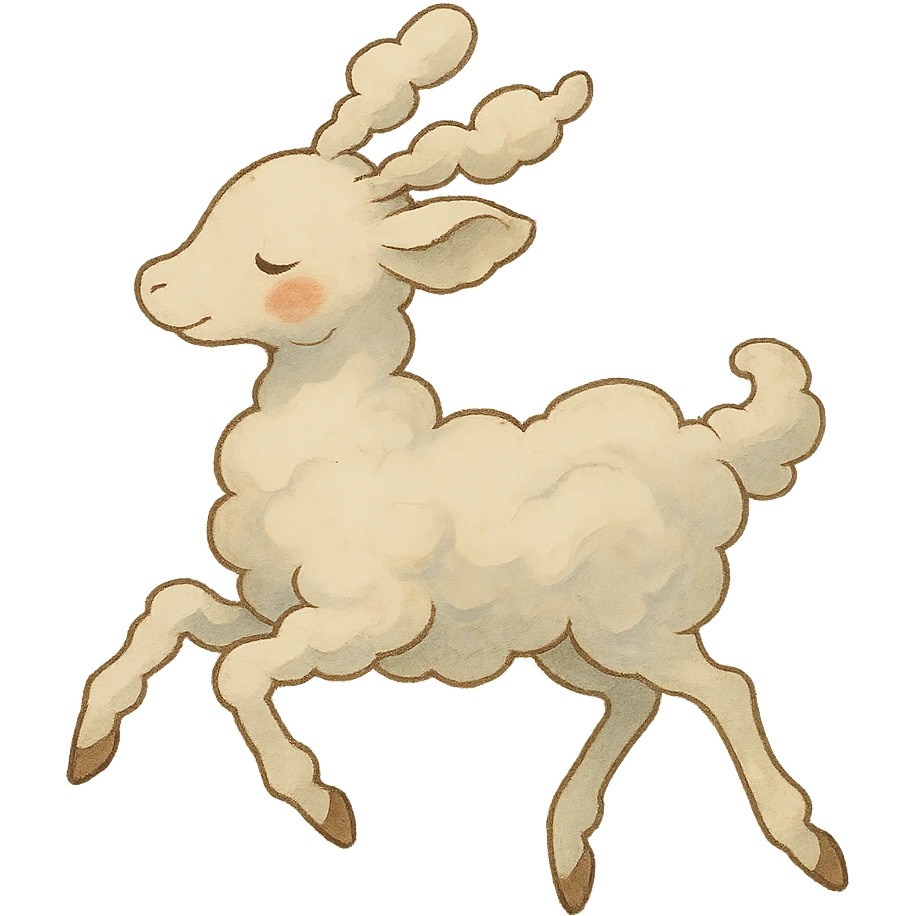 vanilla cloud doe with rosy cheeks, floating gracefully with witch-like elegance, brand identity mascot for social media, Ghibli style emoji