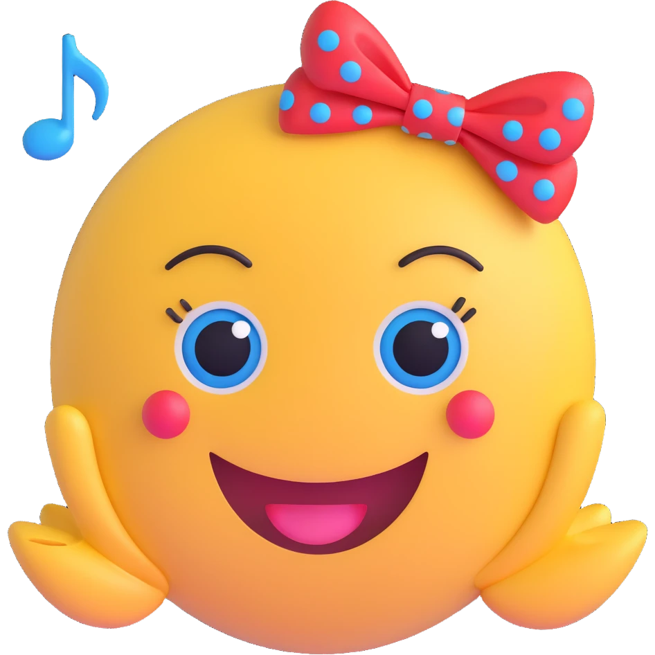 3D smiley emoji, large eyelashes, red polka dot bow, very happy, big smile, blue eyes, musical notes emoji