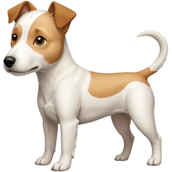a full body facing front on of a buff white parson russell terrier looking dog the size of a kelpie with light brown long ears resting on its face and a light brown patch above one eye and a large snout. the rest of the dog is completely white.  emoji