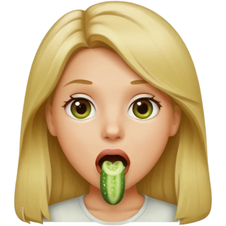 Girl mouth open. Cucumber in her mouth dirty blonde hair emoji