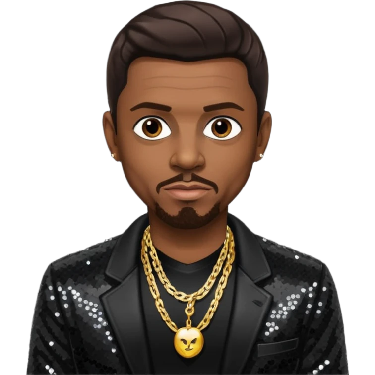 Keith Sweat (b.1961) with dark brown hair, black sequin jacket, black shirt with necklace emoji