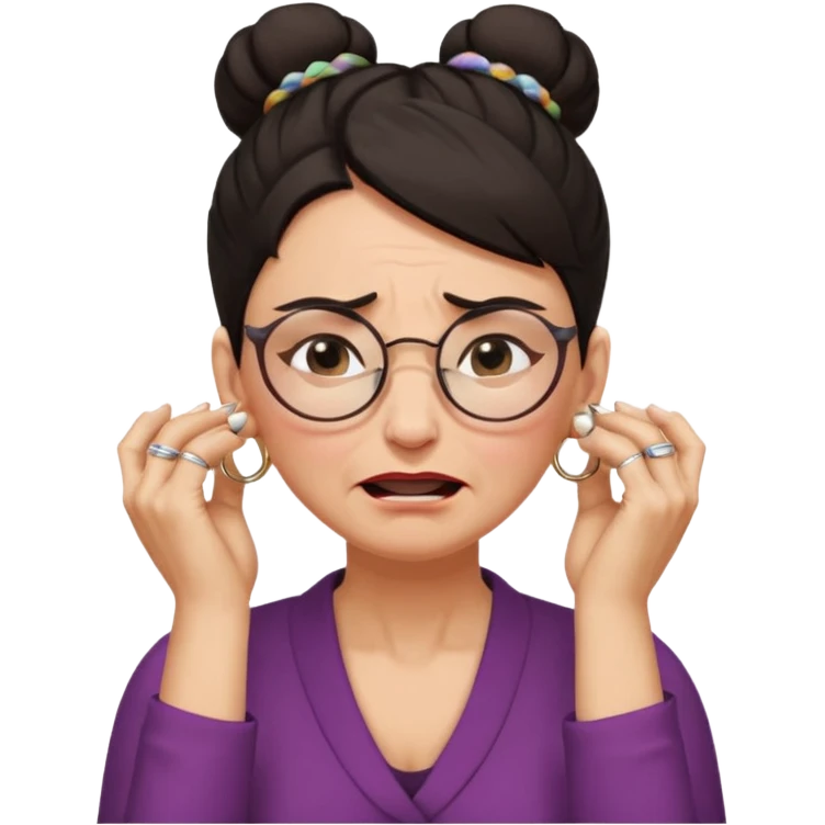  middle aged woman with dark hair pulled up in a high bun, wearing round ring earrings and glasses, expression extreme pain on her face, covering her ears with her hands very painful expression on her face, eyes squeezed shut, wincing in pain covering her ears with her hands emoji